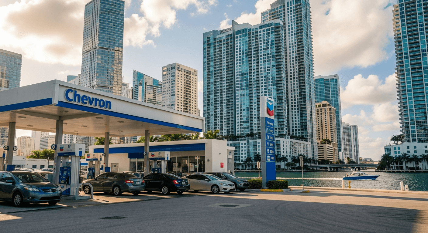 Editorial illustration: With 73 stations across Miami-Dade, Chevron has quietly built one of South Florida's most essential busines...