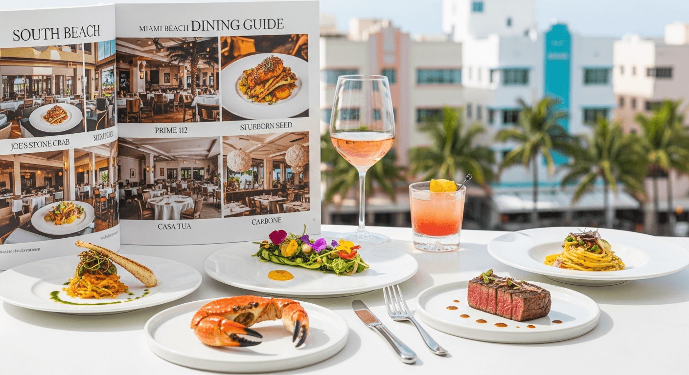 Editorial illustration: From Carbone's red-sauce theatrics to Abbalé's wood-fired Telavivian cuisine, South Beach's dining scene pu...